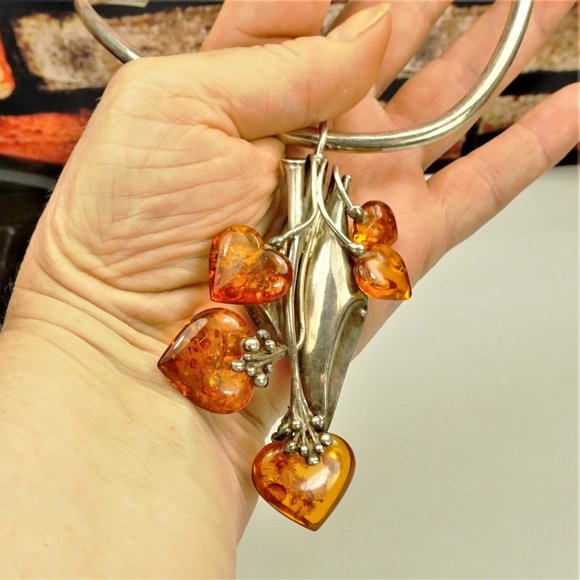 MASSIVE AMBER STERLING PENDANT & BROOCH WITH OMEGA WIRE NECKLACE, RARE JEWELRY - Picture 2 of 16
